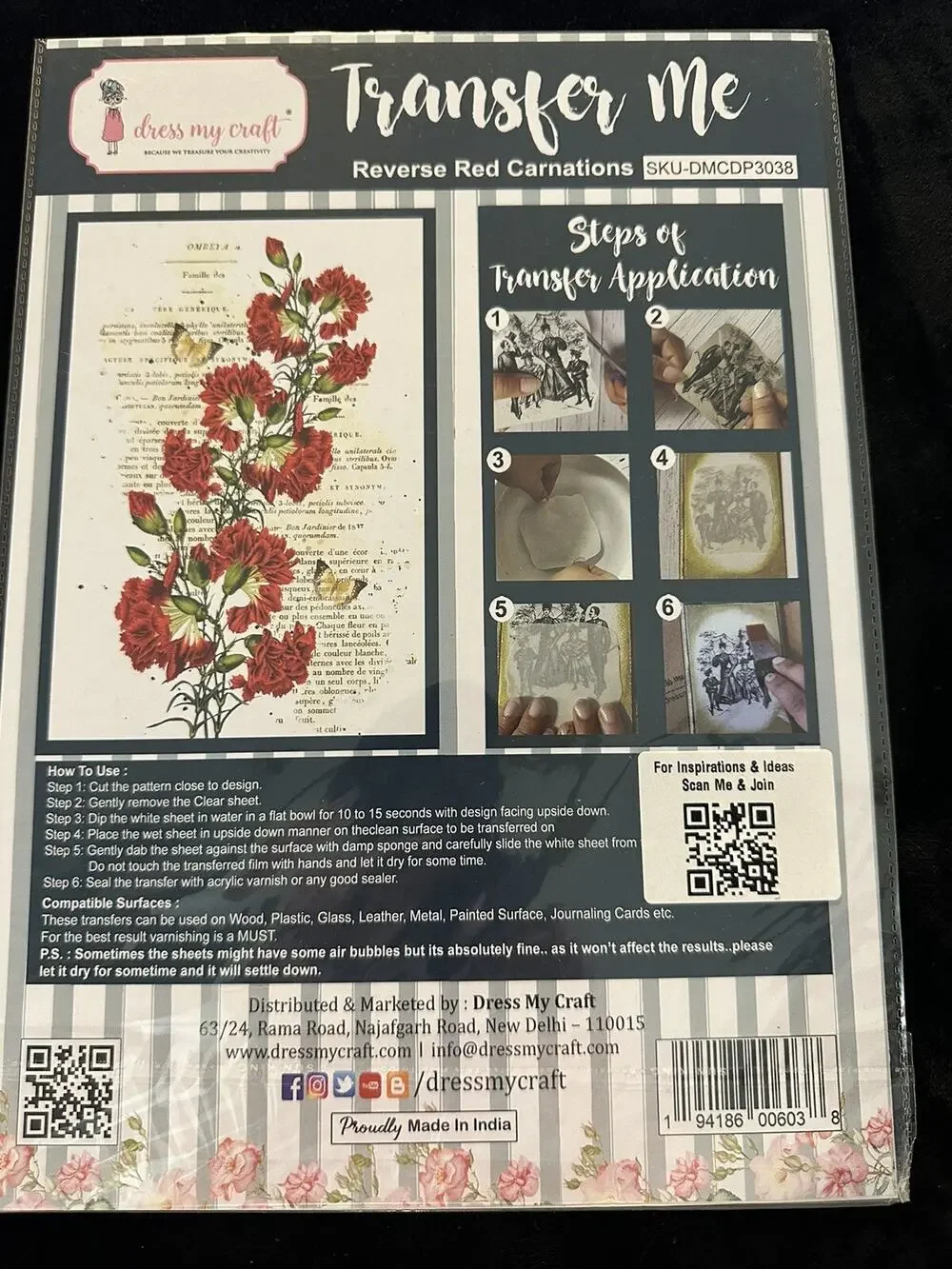 New Sealed Dress My Craft Transfer Me Reverse Red Carnations Dip In Water Script